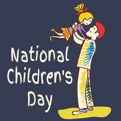 Digital composite image of national children's day text by father holding aloft daughter