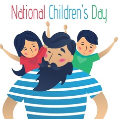 Digital composite of national children's day text on bearded father with kids on white background