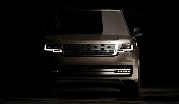 Almaty, Kazakhstan - may 15 2022: new land rover range rover 2022 isolated on dark background. 3d render