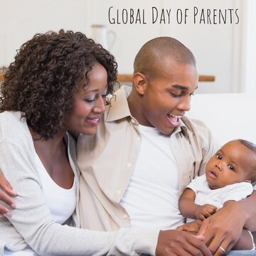 Digital composite image of global day of parents text with happy african american family at home