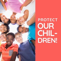 Digital composite image of multiracial friends smiling against sky by protect our children text
