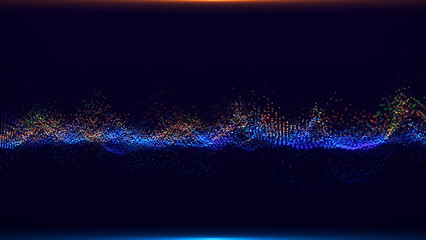 Futuristic glowing wave. The concept of big data. Network connection. Cybernetics. Abstract dark background of dots connected by lines. Digital landscape. 3d rendering.