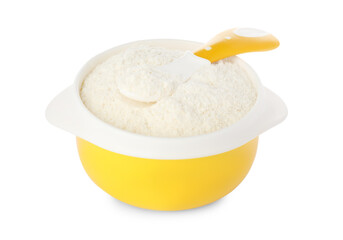 Dry healthy baby food in bowl on white background