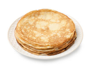 Stack of delicious crepes on plate against white background