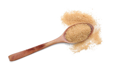 Wooden spoon and brown sugar on white background, top view