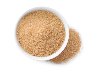 Brown sugar and bowl on white background, top view
