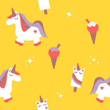 cute unicorn with ice cream seamless background for fabric pattern