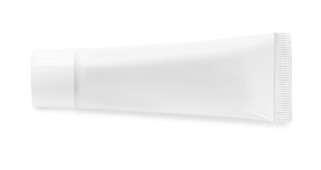 Blank tube of cosmetic product on white background, top view