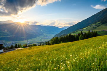 sunset mood in Zillertal, Tyrol - obrazy, fototapety, plakaty