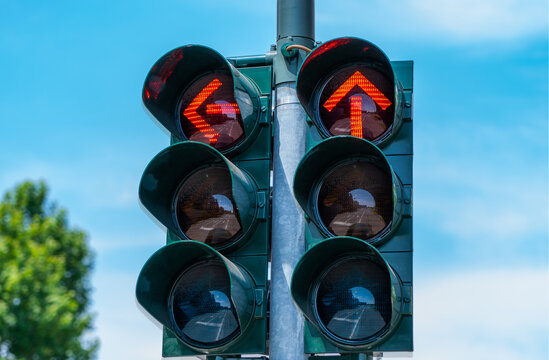 Traffic Light With Two Red Arrows Indicating The Stop For The  Direction To The Left And Straight