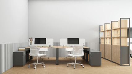Minimalist office room with desk set and wood filing cabinet. 3d rendering
