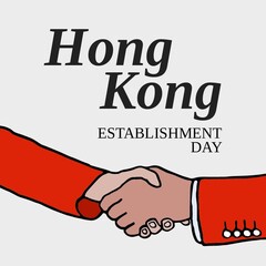 Fototapeta premium Illustration of hong kong establishment day text and cropped hands of people giving handshake