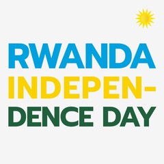 Illustration of sun with colorful rwanda independence day text on white background, copy space