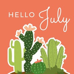 Hello july text banner against multiple cactus plants icon on pink background