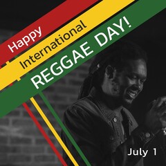 Composite of african american smiling man and happy international reggae day with july 1 text