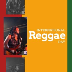 Collage of african american mid adult man playing guitar in concert with international reggae day
