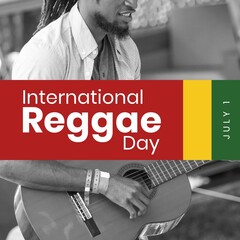 Composite of african american man playing guitar with july 1 and international reggae day text