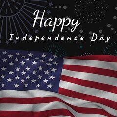 Illustrative image of flag of america and happy independence day text against fireworks, copy space