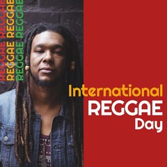 Composite of portrait of mid adult man with dreadlocks and international reggae day text, copy space