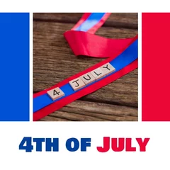 Poster 4th of july text over a red and blue ribbon on wooden surface against white background © vectorfusionart