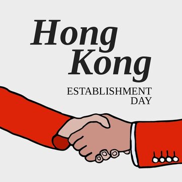 Illustration of hong kong establishment day text and cropped hands of people giving handshake