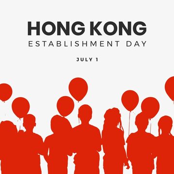 Illustration of hong kong establishment day and july 1 text with people holding balloons, copy space