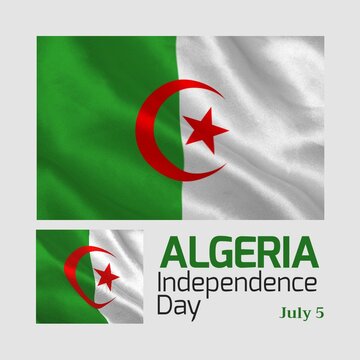 Illustration of july 5 and algeria independence day text with algeria national flags, copy space