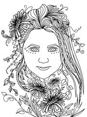 elf girl in plants and flowers, mystical girl princess lea coloring book