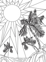 relaxing on a sunny beach with palm trees and the sea coloring book