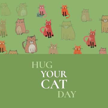 Illustration of various feline with hug your cat day text on olive green background, copy space