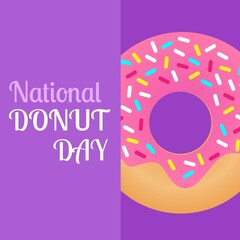 Illustration of donut with sprinkles and national donut day text on purple background, copy space