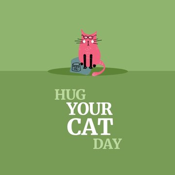Illustration of cute feline with hug your cat day text on olive green background, copy space
