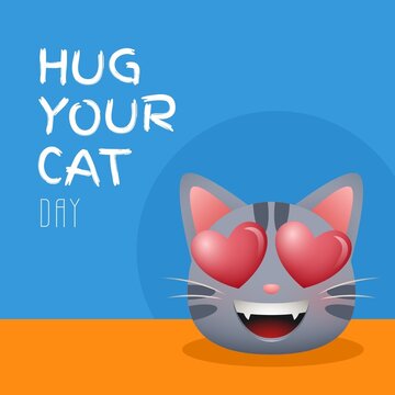 Illustration of hug your cat day text by cat with heart shaped eyes over blue background, copy space