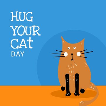 Illustration of hug your cat day text by cat sitting against blue background, copy space