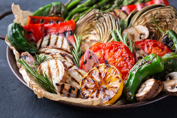 Grilled vegetables in a pan, summer eating, vegan food