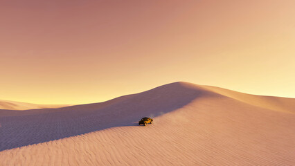 Desolate desert landscape with single offroad SUV car driving on sandy dune under clear sky at sunset or sunrise. Simple minimalist wilderness scenery 3D illustration from my 3D rendering file. © Marsea