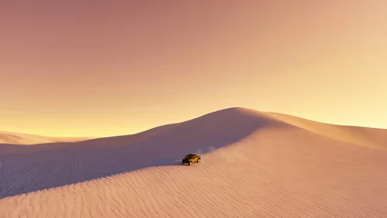 Foto op Canvas Desolate desert landscape with single offroad SUV car driving on sandy dune under clear sky at sunset or sunrise. Simple minimalist wilderness scenery 3D illustration from my 3D rendering file. © marsea