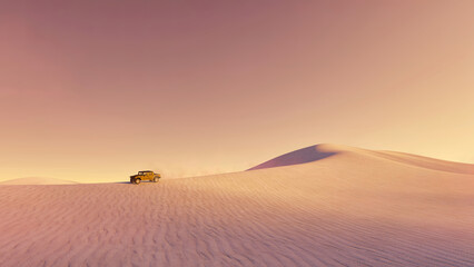 Desolate desert landscape with single off-road SUV car driving on sandy dunes under clear cloudless sky at sunset or sunrise. Minimalist wilderness scenery 3D illustration from my 3D rendering file. © Marsea