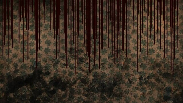 Drops of blood flow down the old messy dirty wallpaper 4K creepy horror animation background with copy space
