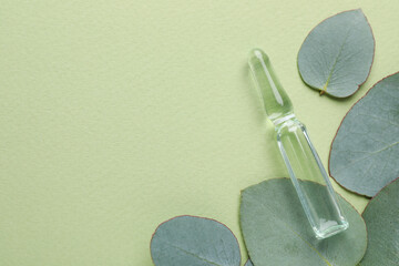 Pharmaceutical ampoule with medication and eucalyptus leaves on green background, flat lay. Space...