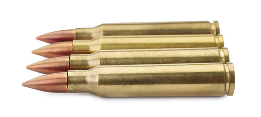 Many bullets on white background. Military ammunition