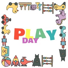 Illustration of playday text with colorful toys over white background, copy space