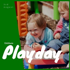 Composite of playday text with happy caucasian girls playing at park, copy space