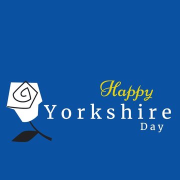 Illustrative image of happy yorkshire day text with rose on blue background, copy space