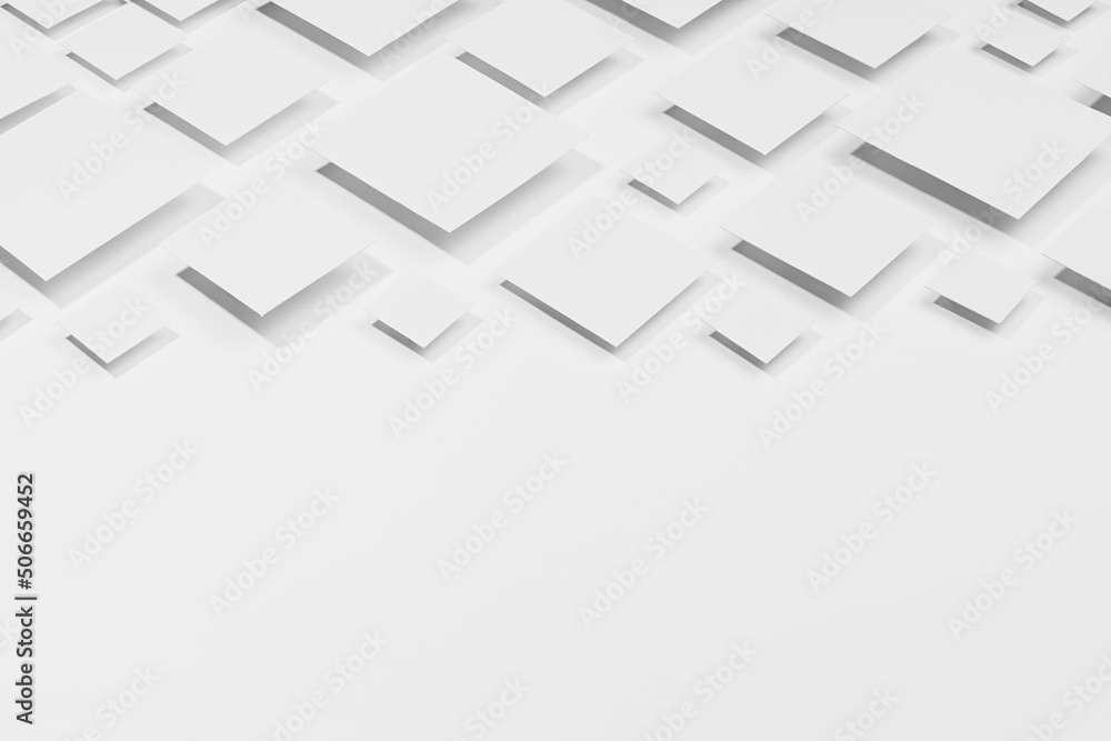 Poster white geometric abstract background with rhombuses in hard light with strict gradient grey shadows a