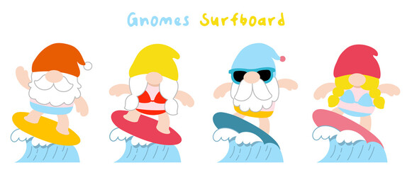 Gnomes surfboard summer, Flat clipart