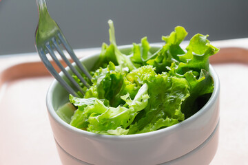 Healthy keto and fit menu. Hospital and restaurant lunch meal. Fresh fruits citrones, apples, grape. Vitamins and trace minerals and phytonutrients. Fresh green salad, lettuce, rucola, kohlrab