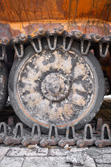 Burnt remnants of military equipment. The war in Ukraine. Rusty tanks of the Russian army. Rusty...