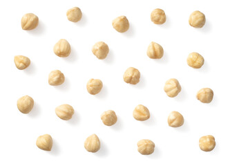 Shelled hazelnuts isolated on white background, top view.