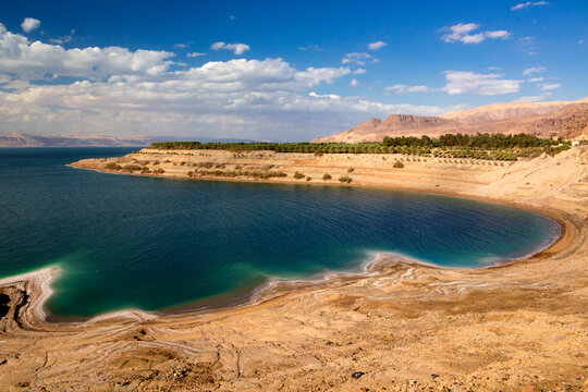 Jordan - The panoprama view of beautiful seacoast and beach of Dead sea near Wadi Mujib
